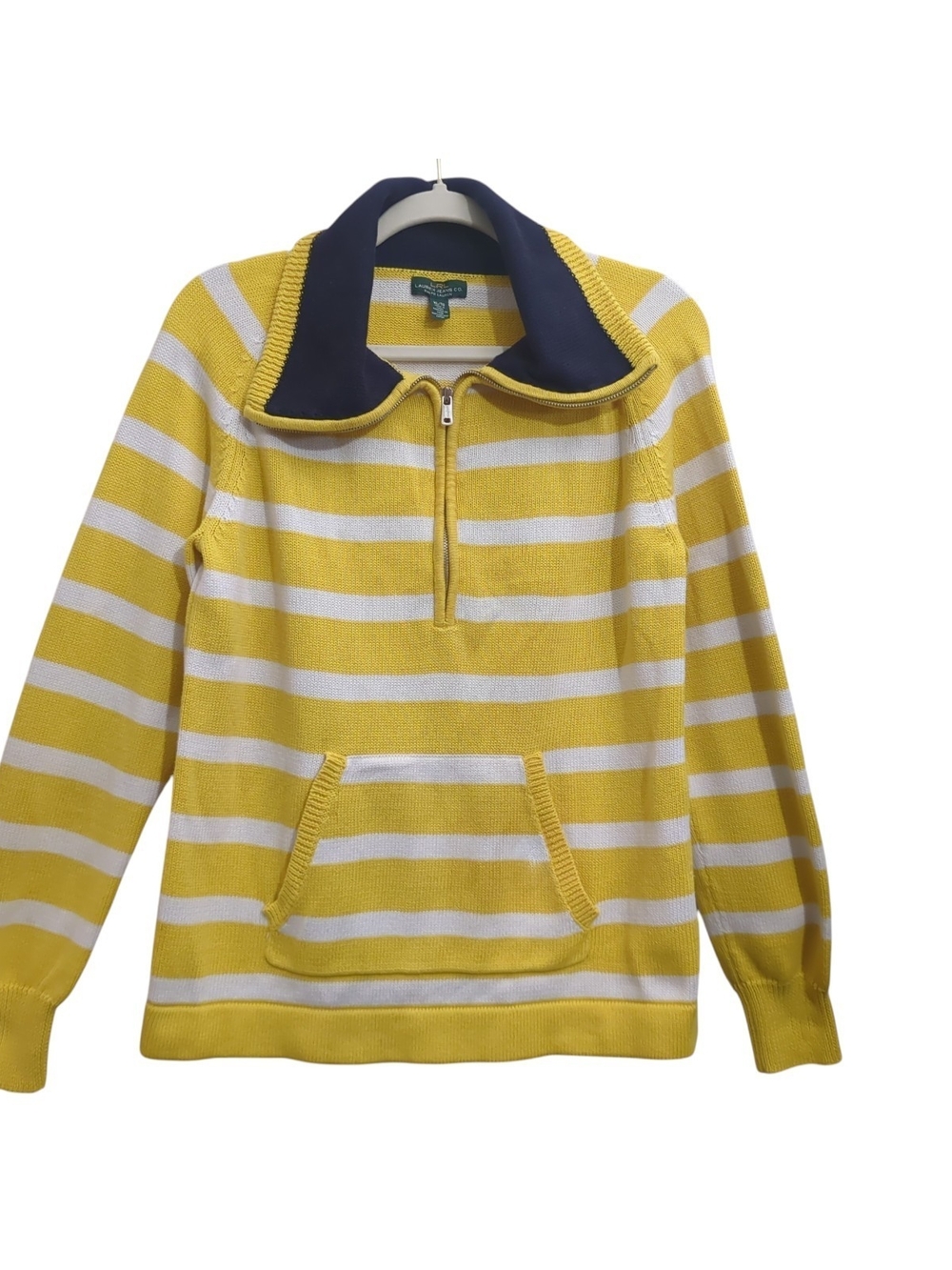 Lauren Ralph Lauren Yellow, White & Navy Striped Half-Zip Sweater